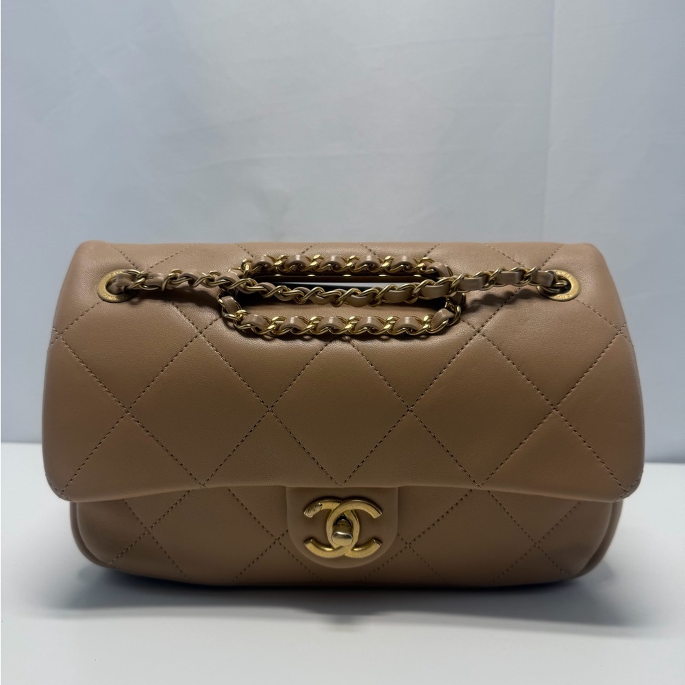 Chanel Lambskin Quilted A Real Catch Flap Bag Beige Aged Gold Hardware